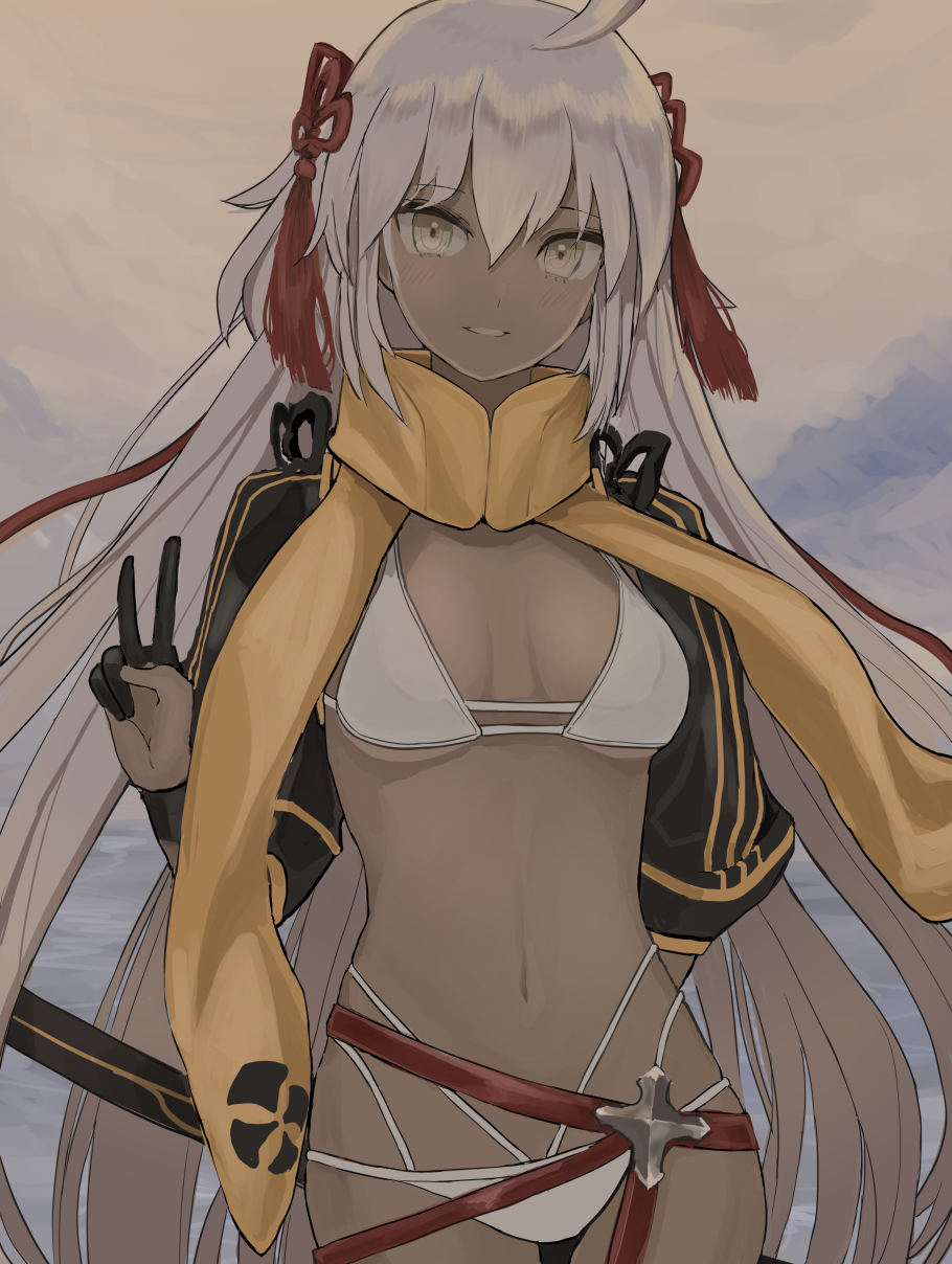 1girl ahoge arm_behind_back bangs bikini black_jacket blush breasts cleavage cloud commentary_request cropped_jacket dark-skinned_female dark_skin eyebrows_visible_through_hair fate/grand_order fate_(series) hair_between_eyes hair_ornament highres hinomaru_(futagun) jacket katana long_hair looking_at_viewer medium_breasts navel okita_souji_(alter_swimsuit_saber)_(fate) okita_souji_(fate)_(all) outdoors scarf sheath sheathed shrug_(clothing) sidelocks sky smile solo swimsuit sword teeth v very_long_hair weapon white_bikini white_hair white_swimsuit yellow_eyes yellow_scarf