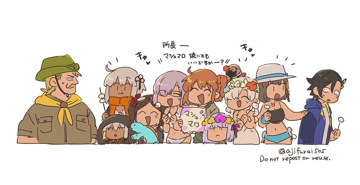 2boys 6+girls :d ^_^ anastasia_(fate) anastasia_(swimsuit_archer)_(fate) asaya_minoru bangs bikini blue_flower blue_jacket brown_hair brown_shirt chaldea_pathfinder charlotte_corday_(fate) charlotte_corday_(swimsuit_caster)_(fate) closed_eyes dark-skinned_female dark_skin english_text eyebrows_visible_through_hair facial_hair fate/grand_order fate_(series) flower flower_wreath fujimaru_ritsuka_(female) goggles goggles_on_head goredolf_musik green_headwear grey_hair hair_over_one_eye hat head_wreath holding holding_flower hood hood_down hooded_jacket jacket kama_(fate) kama_(swimsuit_avenger)_(fate) leonardo_da_vinci_(fate) leonardo_da_vinci_(swimsuit_ruler)_(fate) mandricardo_(fate) mash_kyrielight multiple_boys multiple_girls mustache navel okita_souji_(alter_swimsuit_saber)_(fate) okita_souji_(fate)_(all) one_side_up open_clothes open_jacket open_mouth purple_flower rengoku_(fate) shirt short_sleeves simple_background smile swimsuit swimsuit_of_perpetual_summer_ver.02 translation_request twintails twitter_username viy_(fate) watermark white_background white_bikini white_flower white_headwear yellow_flower