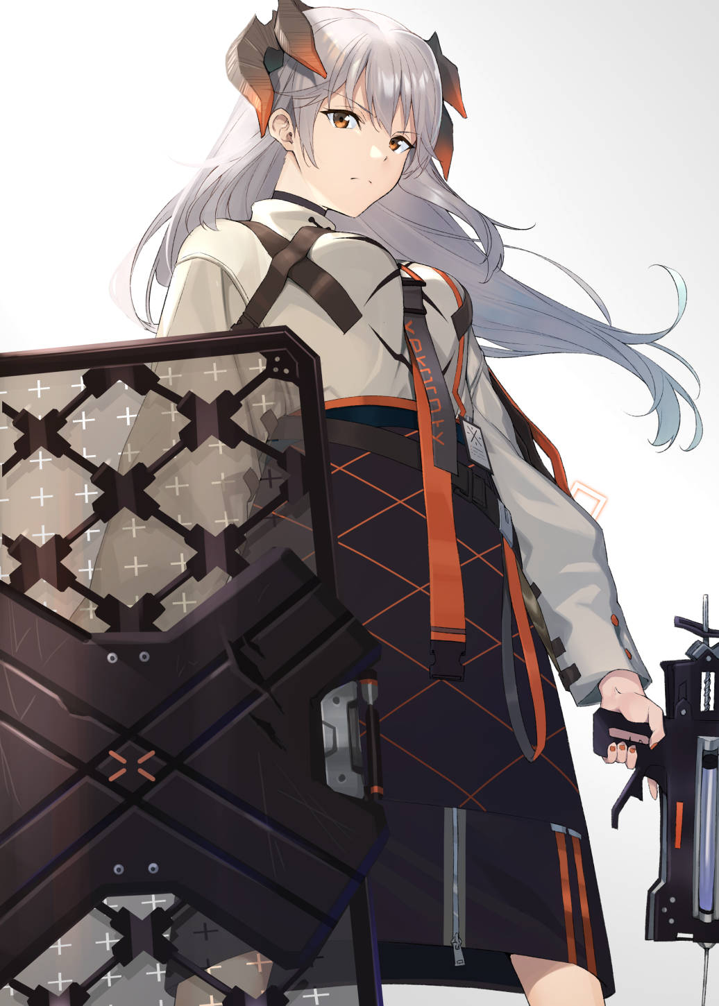 1girl arknights bangs black_skirt commentary_request dragon_horns feet_out_of_frame frown gun hair_between_eyes highres holding holding_gun holding_shield holding_weapon horns long_hair long_sleeves looking_at_viewer nail_polish orange_eyes orange_nails raitho104 saria_(arknights) shield shirt silver_hair skirt solo standing syringe_gun v-shaped_eyebrows weapon white_background white_shirt