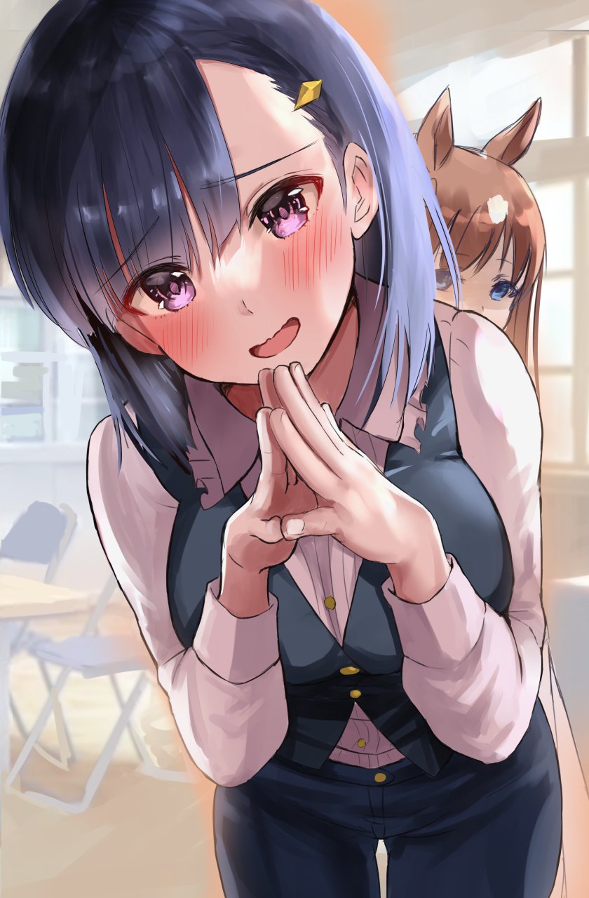 2girls black_hair blurry blurry_background blush breasts brown_hair commentary_request grass_wonder_(umamusume) hair_ornament hands_clasped highres horse_girl kiryuuin_aoi long_hair looking_at_viewer multiple_girls open_mouth own_hands_together peeking_out sg_(esujii) shaded_face short_hair umamusume yandere