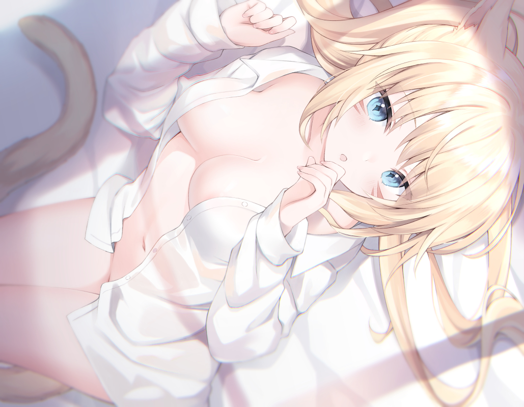 animal_ears bed blonde_hair blue_eyes catgirl final_fantasy final_fantasy_xiv kanora long_hair miqo'te navel no_bra nopan open_shirt ponytail tail