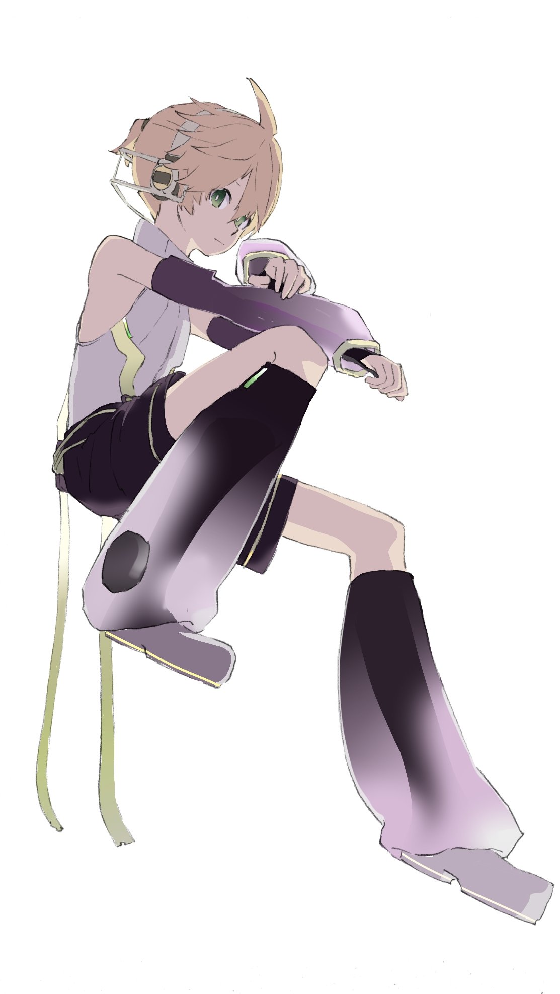 1boy arm_on_knee backlighting belt black_shorts blonde_hair d_futagosaikyou detached_sleeves full_body green_eyes grey_shirt headphones highres kagamine_len kagamine_len_(append) leg_warmers looking_at_viewer looking_to_the_side shirt short_ponytail shorts sitting sleeveless sleeveless_shirt solo spiked_hair turtleneck vocaloid vocaloid_append white_background