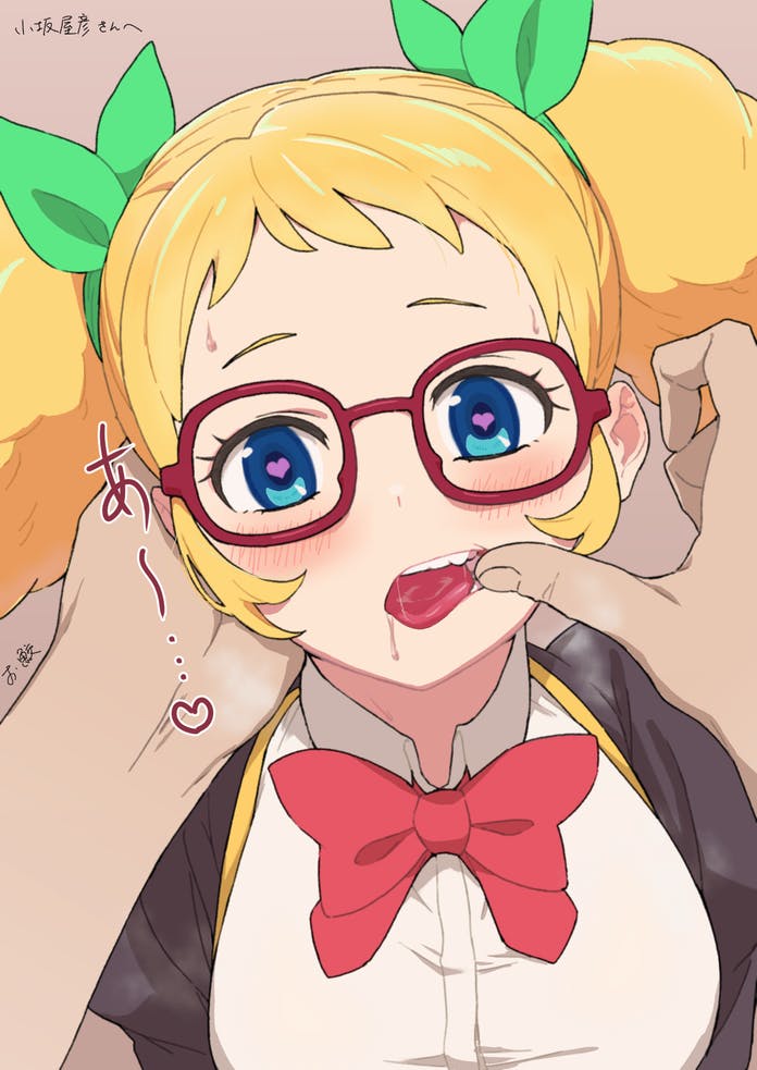 1girl aikatsu!_(series) blonde_hair blue_eyes blush bow brown_jacket commission finger_in_mouth glasses green_bow grey_background hair_bow heart heart-shaped_pupils jacket juliet_sleeves long_sleeves looking_at_viewer open_mouth osame pov pov_hands puffy_sleeves red-framed_eyewear red_bow saegusa_kii saliva shirt skeb_commission solo_focus symbol-shaped_pupils tongue tongue_out twintails upper_body white_shirt