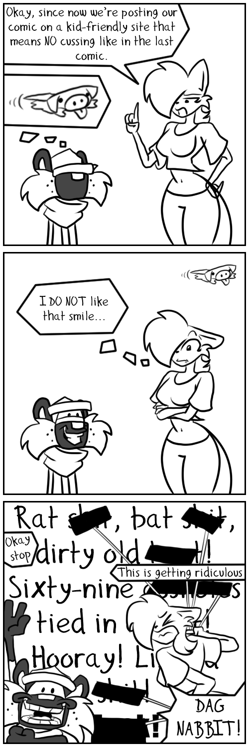 1:3 angry anthro belly-button bottomwear breasts clothed clothing comic comx crop_top crossed_arms curvy_figure domestic_cat duo english_text felid feline felis female hat headgear headwear hi_res hourglass_figure hyaenid kat kris male male/female mammal midriff monochrome navel pants scarf shirt smile text topwear