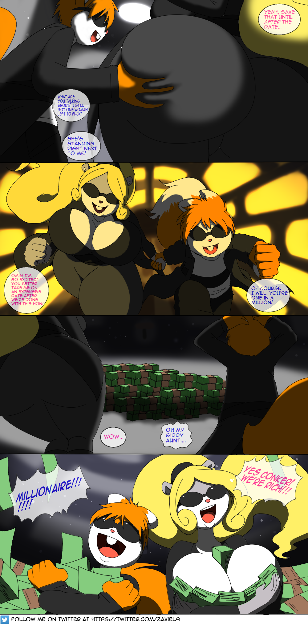 anthro bank berri big_butt blonde_hair bouncing_breasts breasts butt butt_grab chipmunk comic conker conker's_bad_fur_day duo english_text eyewear female ground_squirrel hair hand_holding hand_on_butt happy hi_res male male/female mammal money rareware rodent running sciurid smile sunglasses text the_matrix tree_squirrel video_games zaviel