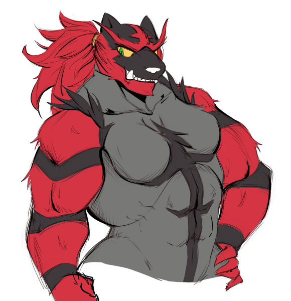 2019 abs accessory anthro big_biceps breasts daily-incineroar fangs female fur hair hair_accessory hair_tie incineroar multicolored_body multicolored_fur muscular muscular_anthro muscular_female nintendo nude pok&eacute;mon pok&eacute;mon_(species) ponytail simple_background small_breasts solo two_tone_body two_tone_fur video_games