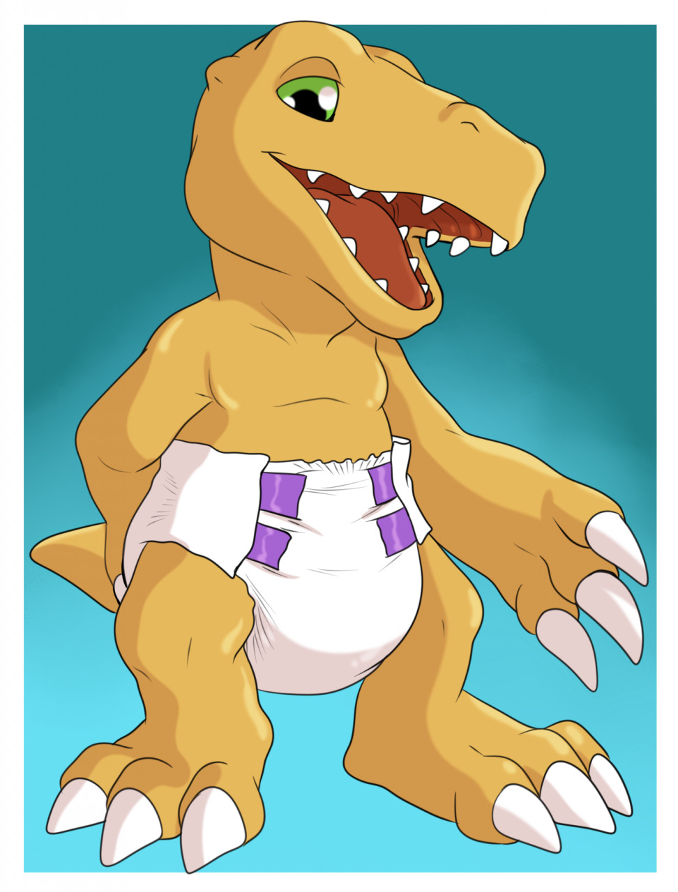 agumon ambiguous_gender anthro bandai_namco bedroom_eyes carnival-tricks claws diaper digimon digimon_(species) hand_behind_back hi_res looking_at_viewer narrowed_eyes open_mouth seductive solo standing teeth tongue