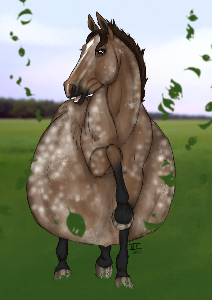 2021 appaloosa bay belly big_belly brown_eyes brown_mane dated digital_drawing_(artwork) digital_media_(artwork) equid equine female feral grass happy hi_res hooves horse hyper hyper_belly looking_at_viewer mammal mane markings one_leg_up open_mouth outside pinto plant pregnant raised_leg signature smile solo spots spotted_body tabascocat white_markings