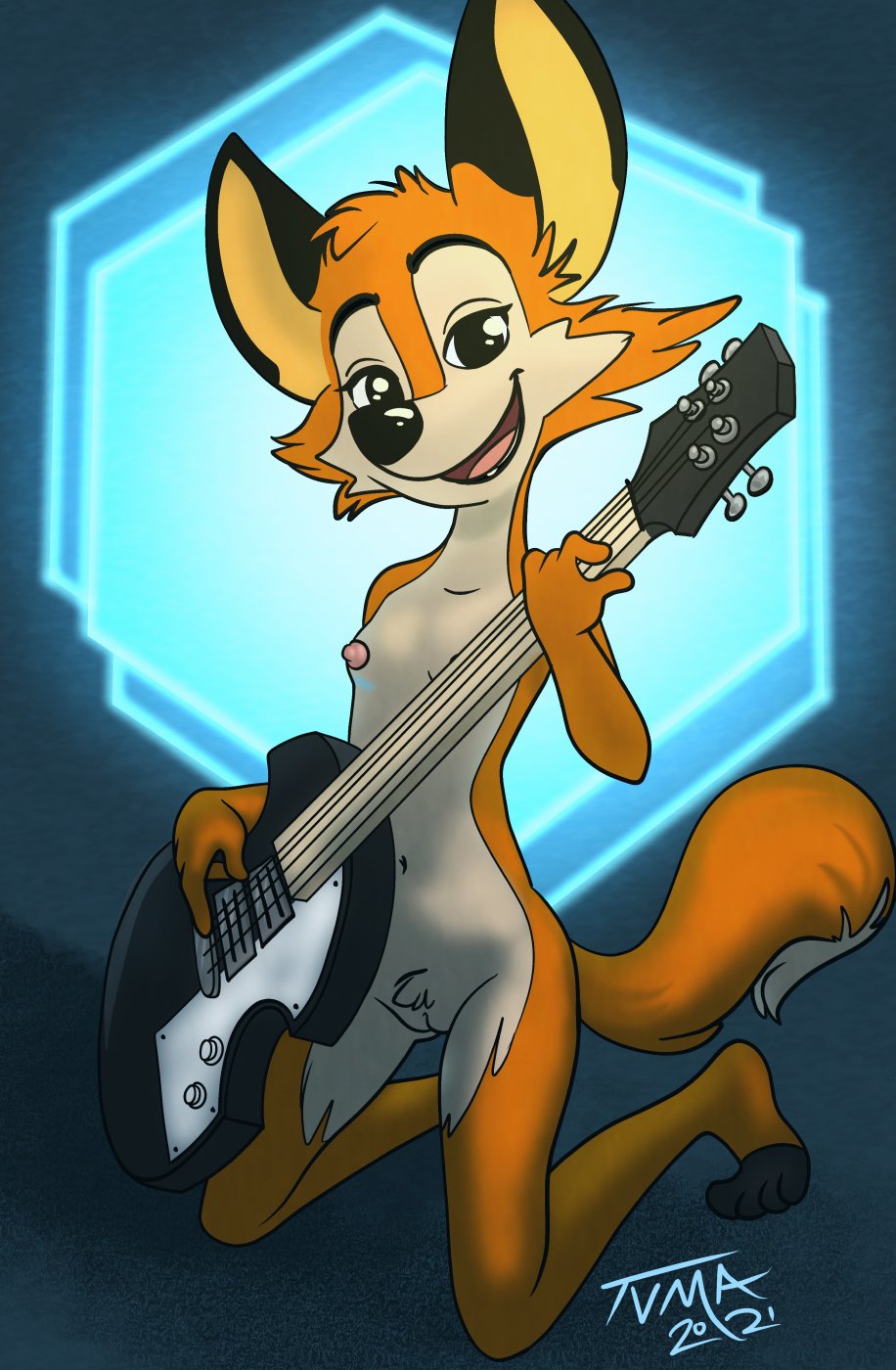 2021 anthro breasts canid canine casual_nudity crotch_tuft darma_(rock_dog) electric_guitar female fox full-length_portrait fur genitals guitar hi_res holding_guitar kneeling looking_at_viewer mammal musical_instrument nipples nude open_mouth open_smile orange_body orange_fur plucked_string_instrument portrait pussy rock_dog small_breasts smile solo string_instrument tuft tvma