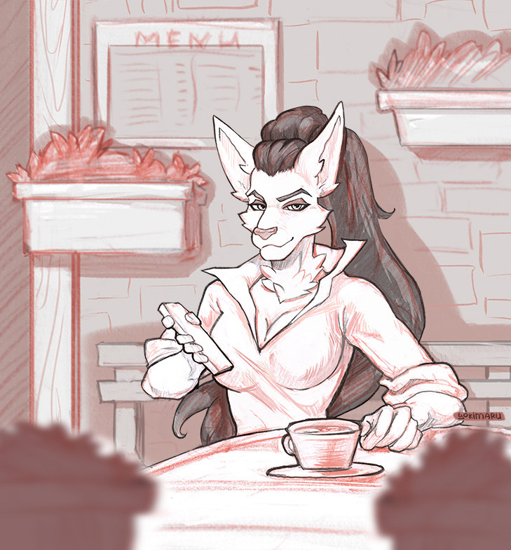 5_fingers anthro aurora_the_artic_water_pokegirl beverage big_breasts breasts building cafe canid canine canis cleavage clothed clothing detailed_background female fingers furniture hair long_ears long_hair mammal menu neck_tuft pencil_sketch plant sitting sketch snout solo table tea tuft wolf yokimaru