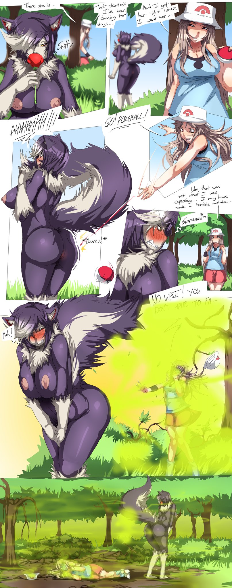 angry anthro anus breasts butt clothed clothed/nude clothing dialogue duo english_text fart fart_cloud fart_fetish female female/female flower forest hat headgear headwear hi_res human lazei mammal mephitid nintendo nude outside plant pok&eacute;ball pok&eacute;mon pok&eacute;mon_(species) raised_tail rose_(flower) skunk skunk_spray skuntank startled text tree unconscious video_games