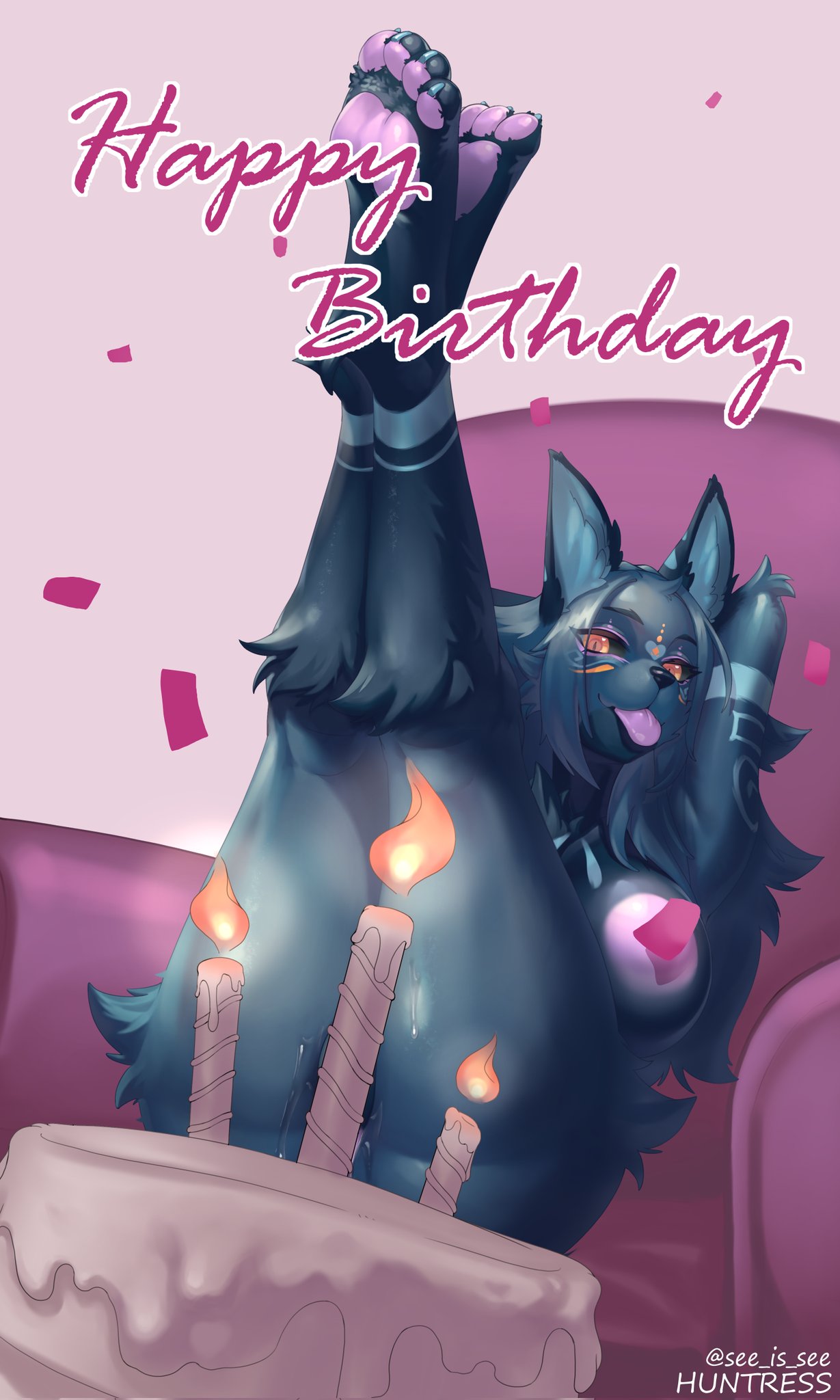 4_toes abyssal_wolf anthro birthday_cake black_sclera blue_body blue_fur blue_hair butt cake canid canine canis chair convenient_censorship dessert elvia feet female food fur furniture hair hi_res legs_up mammal nipples nude orange_eyes pawpads paws pink_nipples pink_pawpads raised_arms see_is_see sitting smile solo text toes tongue tongue_out wolf