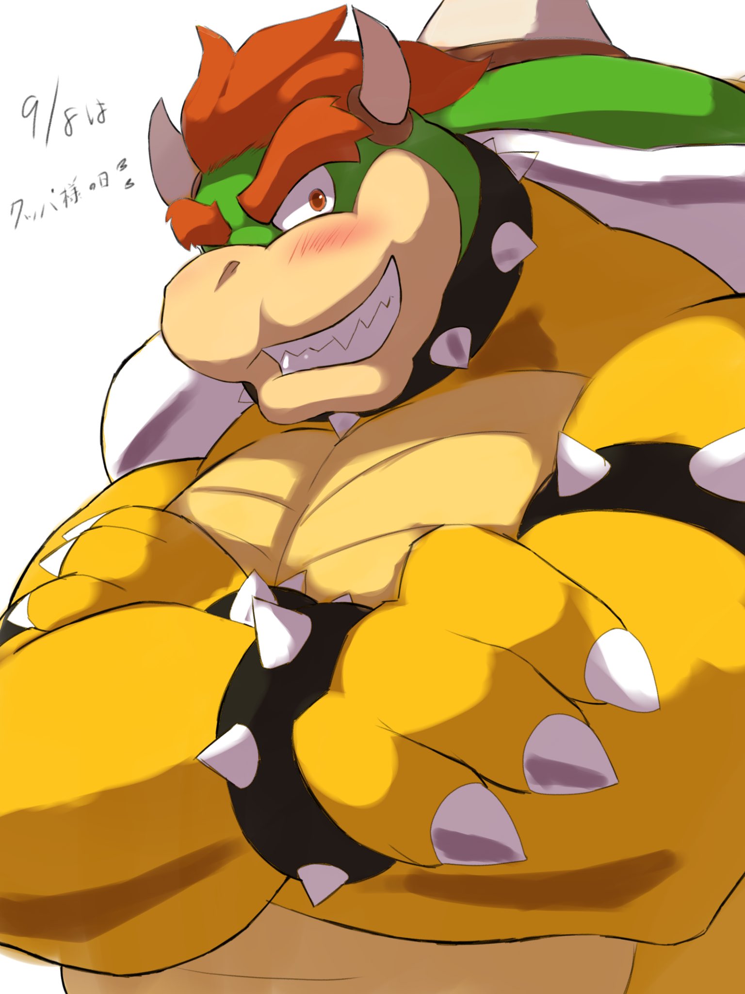 &lt;3 2018 3:4 anthro armband blush bowser bowser_day bracelet claws collar crossed_arms dated eyebrows hair half-length_portrait hi_res horn japanese_text jewelry koopa looking_at_viewer male mario_bros muscular muscular_anthro muscular_male nintendo portrait scalie shell simple_background smile solo spiked_armband spiked_bracelet spiked_collar spiked_shell spikes spikes_(anatomy) teeth text translated video_games white_background yoshizaurusu_n