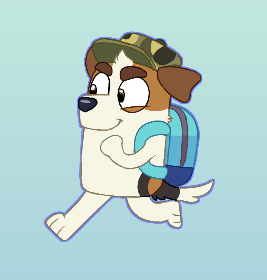 2020 anonymous_artist anthro backpack blue_border bluey_(series) border canid canine canis clothing confident digital_media_(artwork) domestic_dog exercise floppy_ears fur hat head_tuft headgear headwear hunting_dog jack_(bluey) jack_russell_terrier male mammal military_cap multicolored_body multicolored_fur paws running smile solo terrier tuft