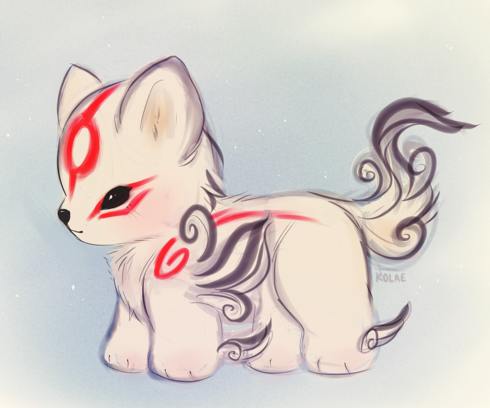 2019 amaterasu canid canine canis capcom chibi deity digital_media_(artwork) female feral fur kolae mammal markings quadruped red_markings simple_background solo video_games white_body white_fur wolf ōkami