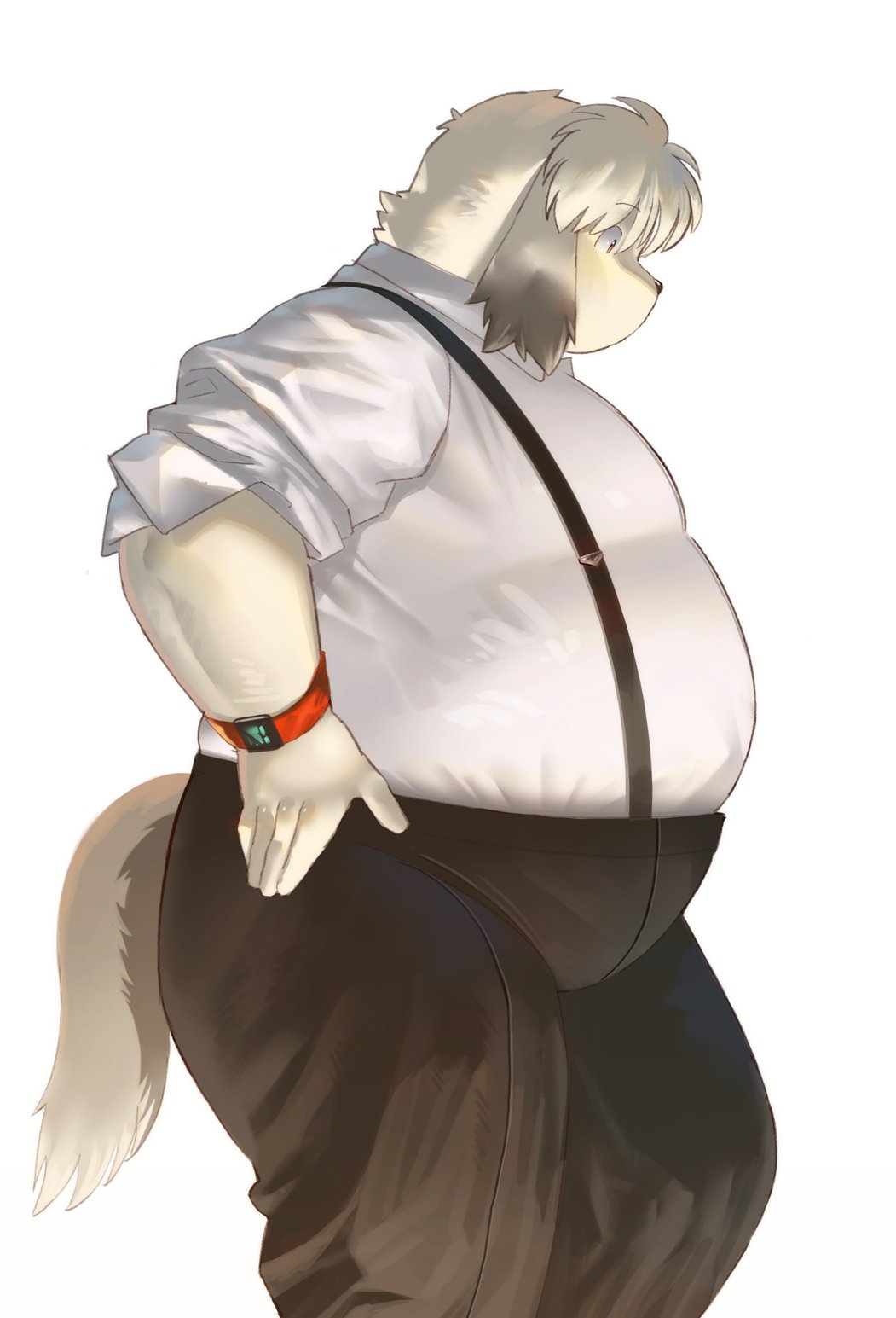 2021 anthro belly book_whitener bottomwear canid canine canis clothing domestic_dog hi_res humanoid_hands kemono male mammal monochrome_(series) overweight overweight_male pants shirt solo suspenders sv_grart topwear