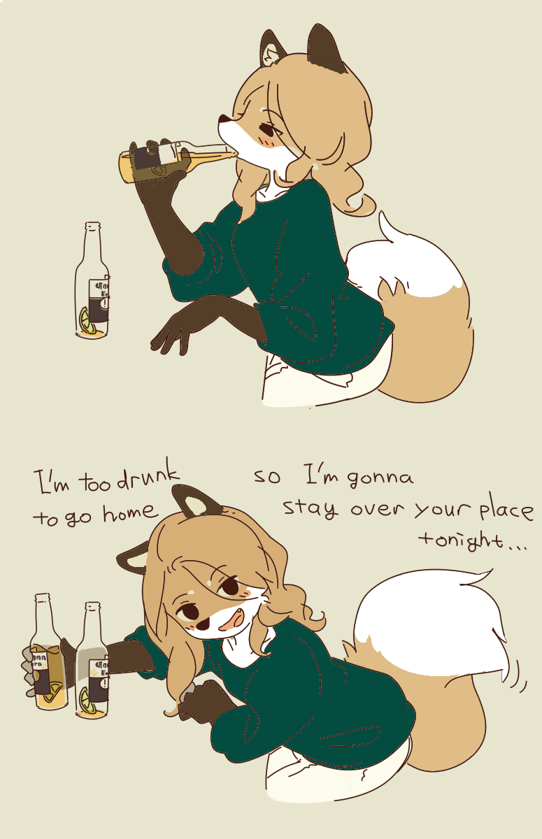 2021 anthro averi_(fiddleafox) beer_bottle bent_over blush bottle bottomwear canid canine clothing dialogue digital_drawing_(artwork) digital_media_(artwork) dipstick_tail drunk edit english_text female fox fur gloves_(marking) hi_res holding_bottle holding_object inner_ear_fluff leg_markings looking_at_viewer mammal markings multicolored_tail pants recolor simple_background socks_(marking) solo substance_intoxication sweater talking_to_viewer text topwear tuft yagi_the_goat