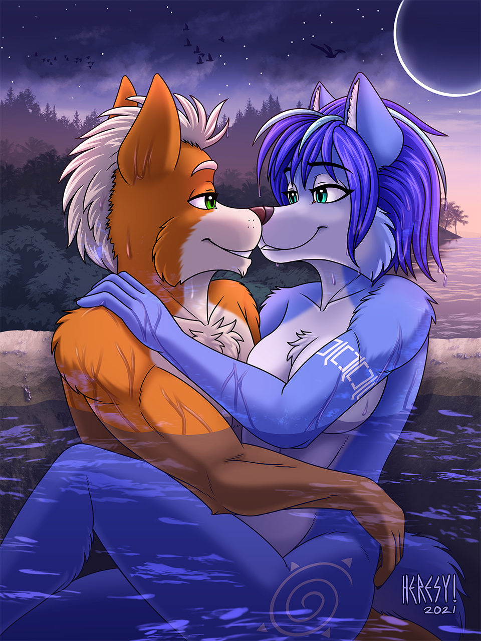 2021 3:4 5_fingers anthro arm_markings armlet_(marking) black_nose blue_body blue_fur blue_hair breasts canid canine canon_couple chest_tuft colored convenient_censorship countershade_face countershade_torso countershading digital_media_(artwork) duo embrace eye_contact female fingers fox fox_mccloud fur hair hand_on_hip hand_on_shoulder heresy_(artist) hi_res hug humanoid_hands intimate jungle krystal leg_markings looking_at_another looking_at_partner male male/female mammal markings moon multicolored_body multicolored_fur night nintendo nose_to_nose noses_touching nude on_lap orange_body orange_fur outside partially_submerged plant romantic romantic_ambiance romantic_couple sitting sitting_on_lap skinny_dipping sky smile star star_fox starry_sky sunset thigh_marking tree tribal tribal_markings tuft two_tone_body two_tone_fur video_games water wet wet_body wet_fur wet_hair white_body white_fur