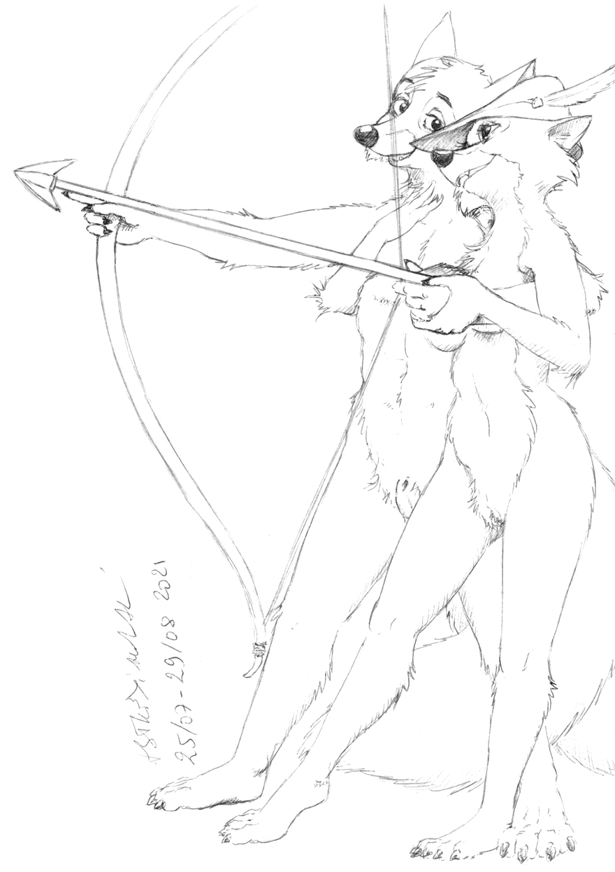 2021 4_toes 5_fingers animal_genitalia anthro arrow asthexiancal bow_(weapon) breasts canid canine canon_couple casual_nudity claws clothing disney duo fangs feet female finger_claws fingers fox fully_sheathed fur genitals hand_holding hat hat_feather hat_only headgear headgear_only headwear headwear_only hi_res hindpaw holding_bow holding_object holding_weapon humanoid_hands loose_feather maid_marian male male/female mammal monochrome mostly_nude navel nude paws penis plantigrade pussy ranged_weapon robin_hood robin_hood_(disney) sheath sketch smile social_nudity standing teeth toe_claws toes traditional_media_(artwork) weapon