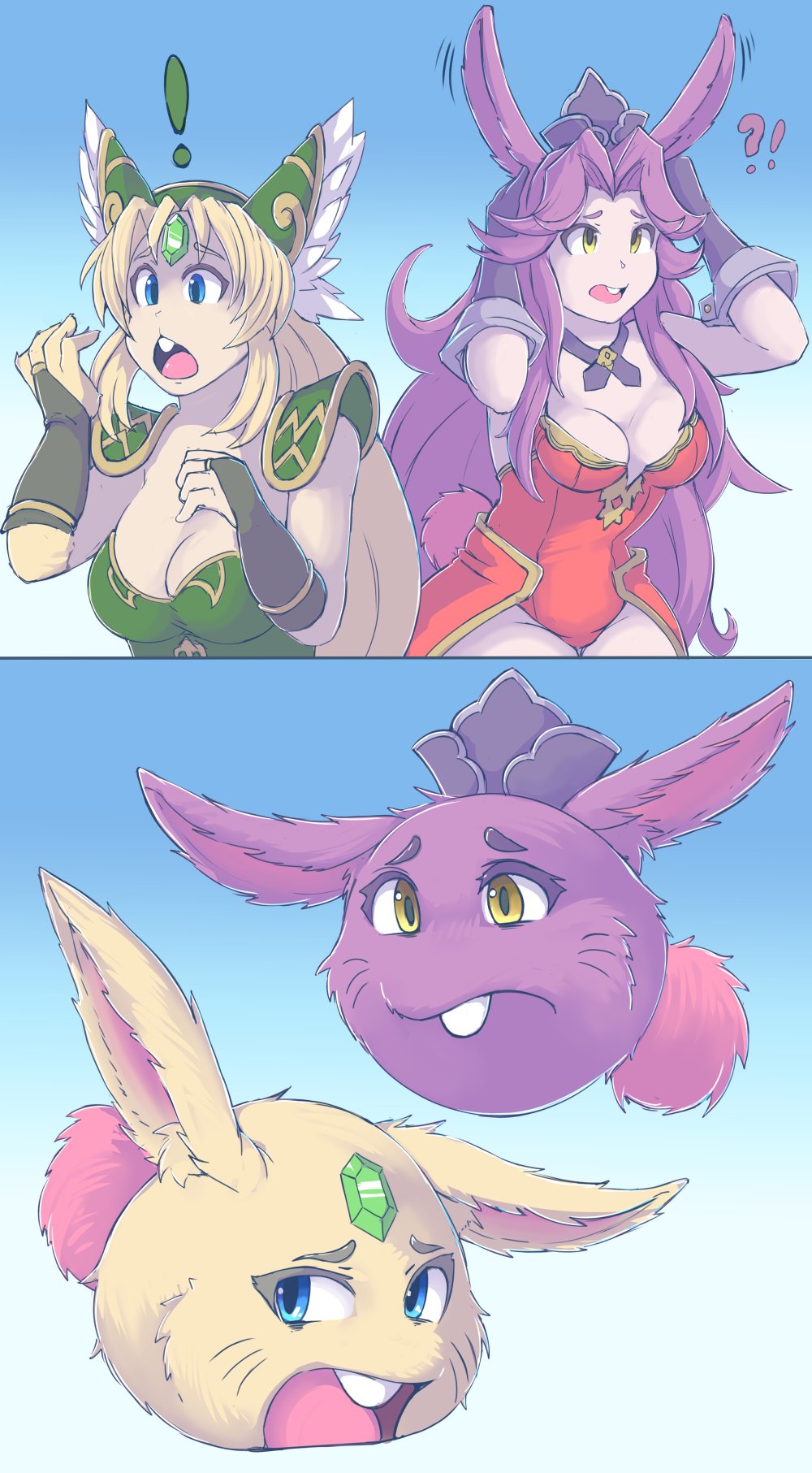 2020 alternate_species angela_(trials_of_mana) armor blue_eyes breasts buckteeth duo female forehead_gem fur hair hi_res kittenboogers lagomorph leporid long_hair mammal open_mouth pink_body pink_fur rabite riesz_(trials_of_mana) simple_background species_transformation surprise teeth transformation waddling_head whiskers yellow_body yellow_fur