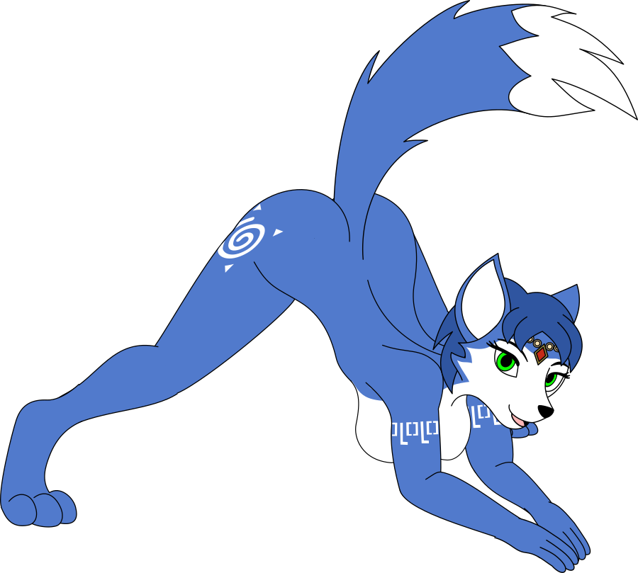 alpha_channel anthro ass_up az345g blue_body blue_fur blue_hair breasts canid canine female fox fur green_eyes hair jack-o'_pose krystal mammal nintendo nude pose raised_tail simple_background solo spread_legs spreading star_fox transparent_background video_games