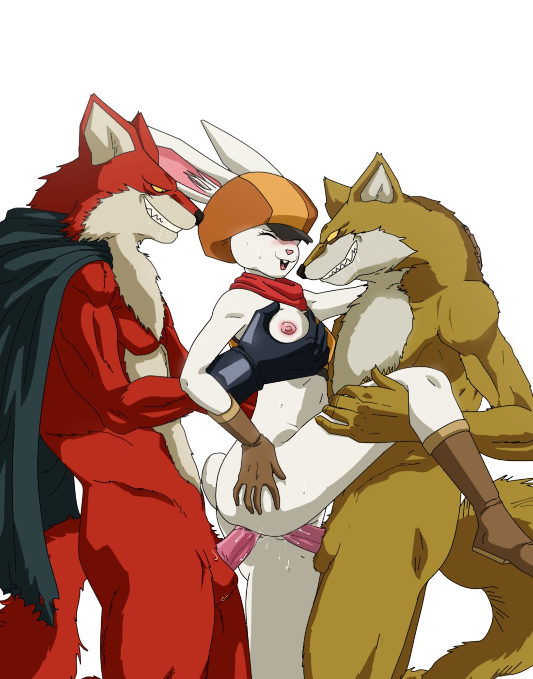 basil_(dragon_ball) blush breast_grab breasts canid canine canis chiritea clothed clothing female genitals grin group group_sex hand_on_breast hi_res lagomorph lavender leporid male mammal partially_clothed penis rabbit sex simple_background smile sorrel threesome white_background wolf