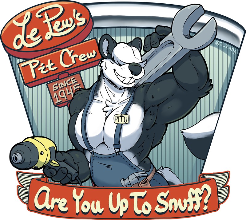 anthro black_nose body_hair breasts chest_hair clothing drill english_text flirting fur hair hair_over_eyes hammer looney_tunes male mammal mephitid muscular muscular_anthro muscular_male nargleflex overalls pecs pitu_le_pew simple_background skunk smile smiling_at_viewer teeth text tools warner_brothers white_body white_fur white_hair wrench