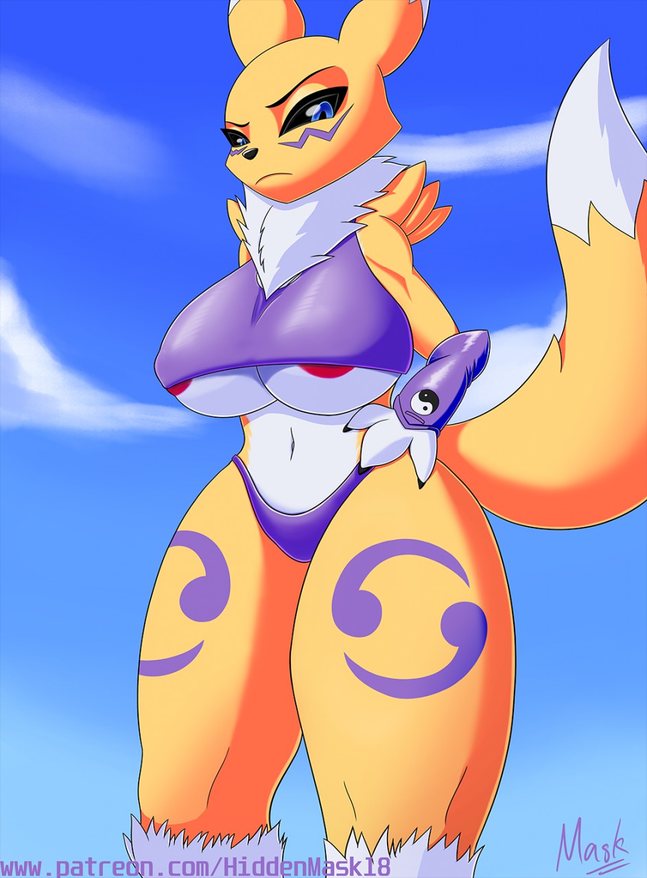 anthro areola areola_slip bandai_namco breasts clothing digimon digimon_(species) female fur hi_res hiddenmask18 raised_tail renamon solo thick_thighs tuft under_boob yellow_body yellow_fur