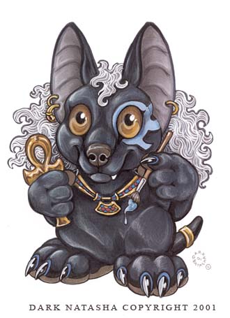 2001 ankh anthro anubian_jackal anubis black_body black_fur blue_body blue_fur brown_eyes brush canid canine canis chibi claws collar dark_natasha deity ear_piercing ear_ring egyptian_mythology english_text eye_of_horus fangs fur hair jackal jewelry low_res male mammal middle_eastern_mythology mythology nude paint paintbrush piercing simple_background solo tail_jewelry tail_ring text white_background white_hair