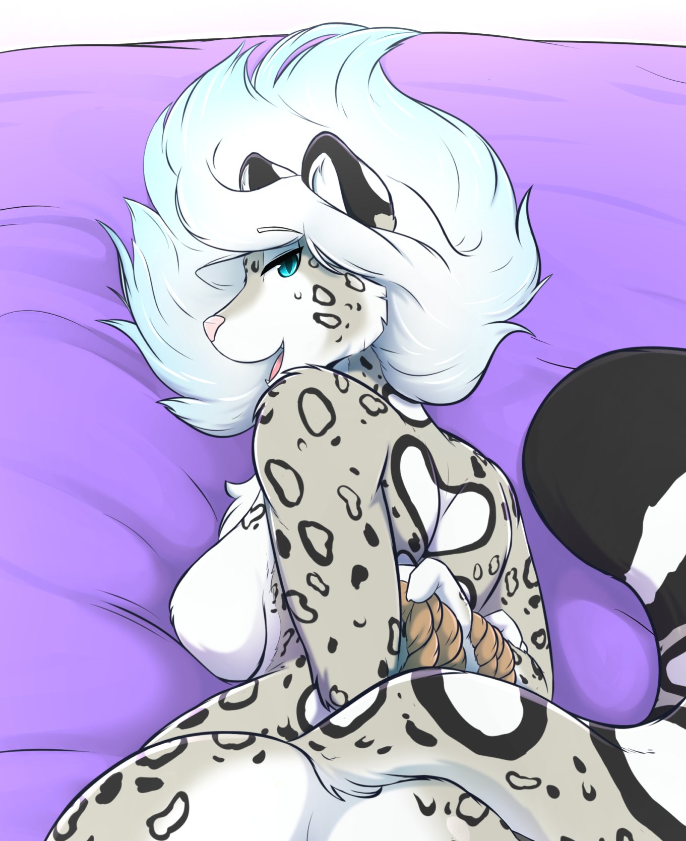 anthro black_spots blue_eyes breasts felid female fur grey_body grey_fur hair hi_res infinitedge2u mammal open_mouth pantherine pink_nose smile snow_leopard solo spots spotted_body spotted_fur teeth tongue