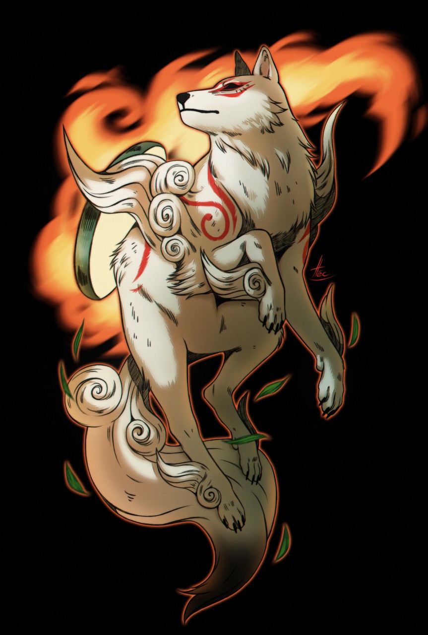 2020 amaterasu black_background black_nose canid canine canis capcom claws deity female feral fur hecatta hi_res mammal markings paws quadruped red_markings simple_background solo video_games white_body white_fur wolf ōkami