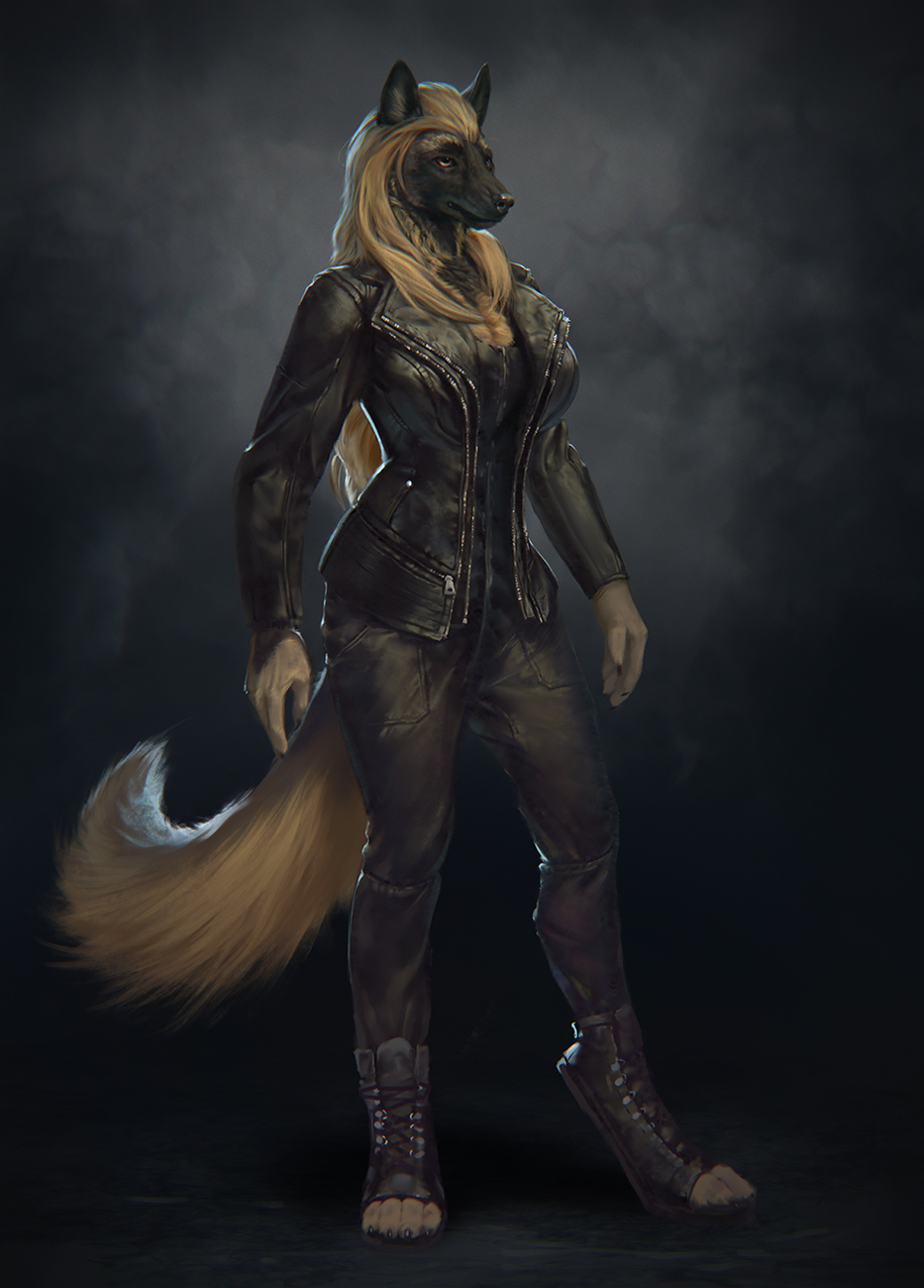 2021 5_fingers anthro blonde_hair bottomwear breasts brown_body brown_fur canid canine canis claws clothed clothing conditional_dnp detailed detailed_fur digital_media_(artwork) digitigrade female finger_claws fingers fur grey_background hair hi_res inner_ear_fluff jacket latex_(artist) leather leather_bottomwear leather_clothing leather_jacket leather_pants leather_topwear mammal pants shaded simple_background solo standing toe_claws topwear tuft wolf