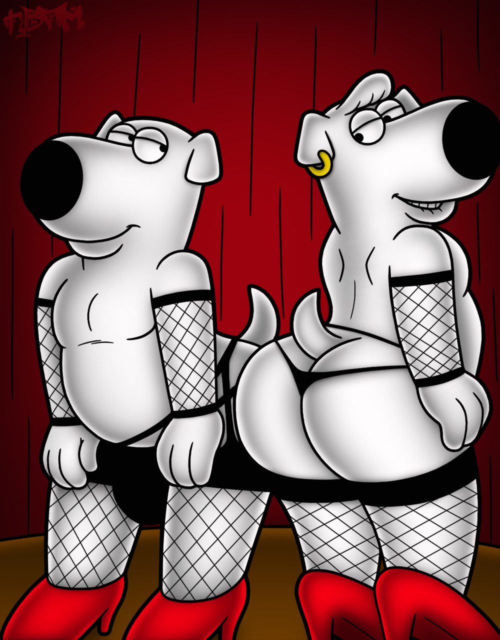 bedroom_eyes big_butt brian_griffin butt canid canine canis clothed clothing crossdressing domestic_dog family_guy hi_res jasper_(family_guy) male male/male mammal narrowed_eyes seductive tbfm