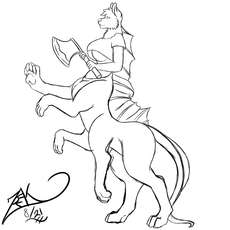 1:1 6_legs anthro axe big_breasts bluhellwulf breasts cabberjak female fin forked_tail katharina_(basian) melee_weapon monochrome pawpads solo taur weapon