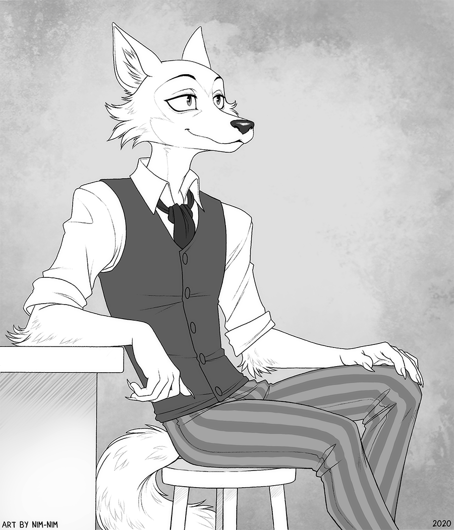 2020 5_fingers anthro beastars canid canine canis claws clothed clothing digital_media_(artwork) fingers legoshi_(beastars) male mammal monochrome necktie nim-nim signature sitting solo wolf