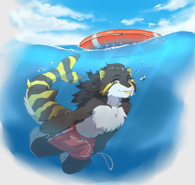 2021 air_bubbles anthro bottomwear brown_body brown_fur brown_hair chest_tuft clothing cloud detailed_background digital_drawing_(artwork) digital_media_(artwork) felid feline fin fish fur furred_shark hair hybrid kasusei lemon_shark life_ring long_hair looking_at_viewer male mammal marine multicolored_body multicolored_fur orange_eyes pallas's_cat pawpads pupils red_bottomwear red_clothing red_shorts requiem_shark shark shorts solo striped_tail stripes swimming tongue tongue_out tuft underwater vyz water white_body white_fur white_pupils yellow_body yellow_fur yellow_pawpads yellow_tongue