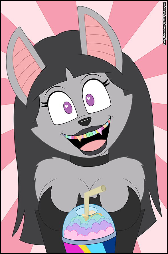 &lt;3 &lt;3_eyes anthro chiropteran colored_teeth female fur grey_body grey_fur grey_hair grey_lipstick hair lady_malmsteen mammal nickelodeon open_mouth purple_eyes shinragod simple_background slushie smile smiling_at_viewer solo t.u.f.f._puppy tagme verona7881 verona_(artist)