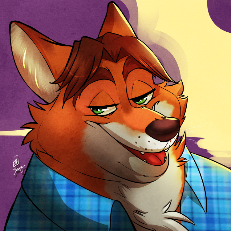 1:1 2016 anthro biped brown_nose canid canine clothing cute_fangs disney donryu fox gideon_grey green_eyes male mammal overweight overweight_male portrait shirt simple_background solo tongue topwear zootopia