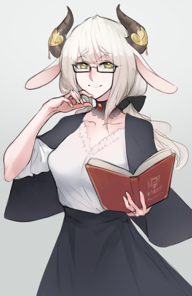 2021 animal_humanoid book bovid bovid_humanoid breasts caprine caprine_humanoid clothed clothing eyewear female glasses hair holding_book holding_object horn horn_jewelry humanoid mammal mammal_humanoid satyr scas solo