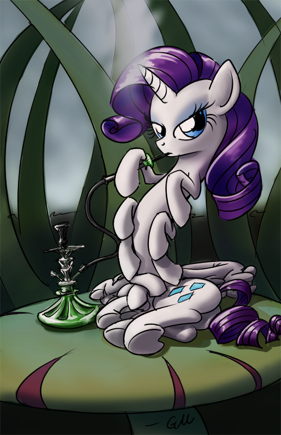 alice_in_wonderland alternate_species arthropod blue_eyes butt caterpillar caterpillar_(alice_in_wonderland) equid equine eyelashes female friendship_is_magic fungus giantmosquito hair hasbro hookah horn hybrid insect larva mammal mushroom my_little_pony purple_hair rarity_(mlp) signature solo unicorn white_body