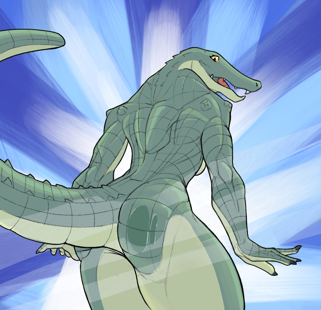 5_fingers against_surface anthro athena_(f_draws) breasts butt claws crocodilian f_draws female fingers green_body green_scales hi_res non-mammal_breasts nude on_glass open_mouth rear_view reptile scales scalie sharp_teeth side_boob smile solo teeth tongue yellow_sclera