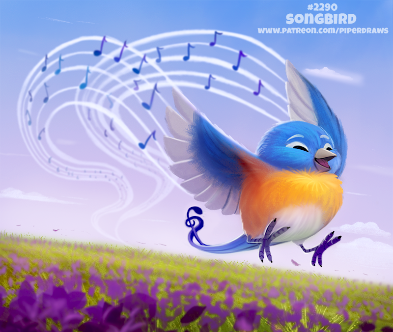 2019 avian bird blue_body blue_feathers bluebird cloud cryptid-creations eyes_closed feathered_wings feathers feral field flower flying g_clef grass male musical_note open_mouth orange_body orange_feathers oscine outside passerine plant singing sky solo thrush_(bird) white_body white_feathers wings