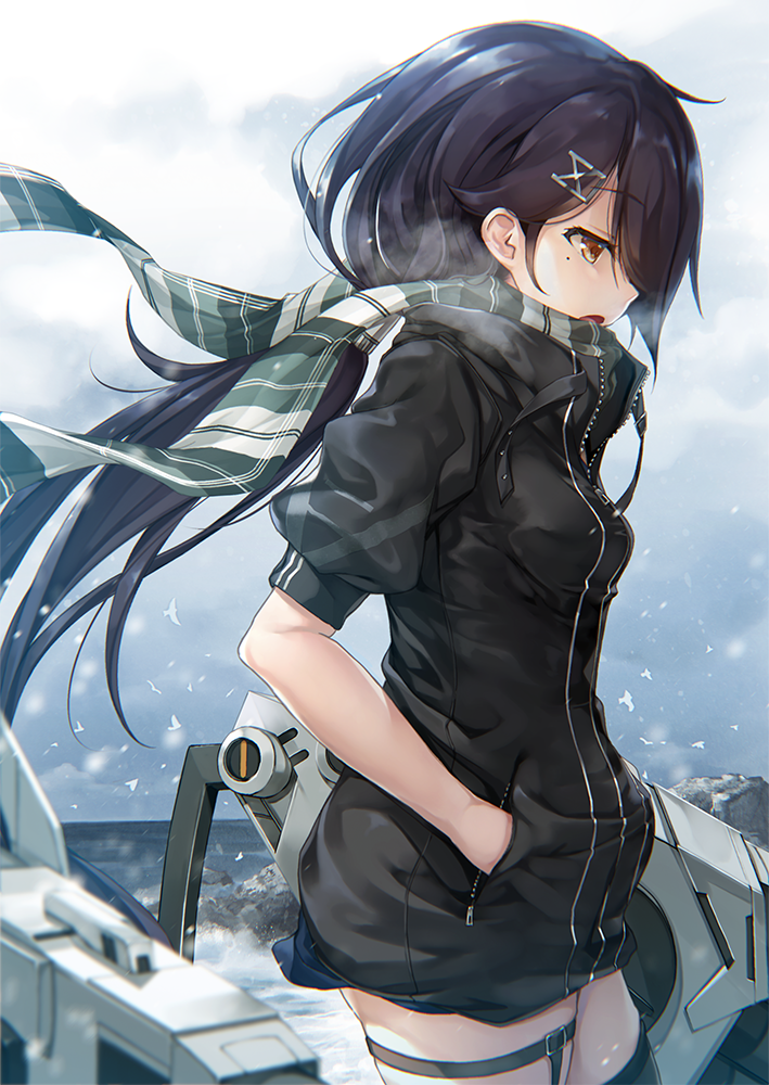 azur_lane bird black_hair black_legwear blue_sky blush breasts breathing brown_eyes cassin_(azur_lane) cloud cold floating_hair from_side hair_ornament hairclip hands_in_pockets jacket kurenai_musume long_hair looking_down medium_breasts mole mole_under_eye ocean open_mouth outdoors partially_unzipped plaid plaid_scarf rigging scarf skindentation sky snow snowing solo standing thigh_strap thighhighs walking waves wind zipper