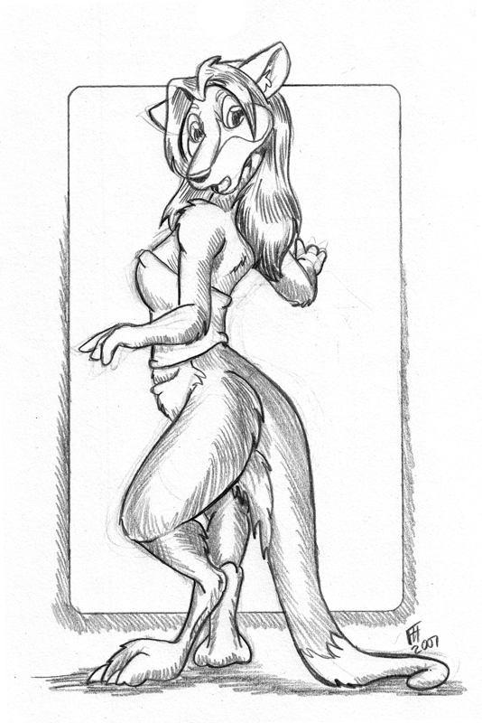 2007 alternate_species anthro breasts claws clothing dipstick_tail female flinters fur hair kangaroo looking_at_viewer macropod mammal marsupial mochi_(mochi) monochrome multicolored_tail open_mouth pouch_(anatomy) shirt side_boob solo toe_claws topwear