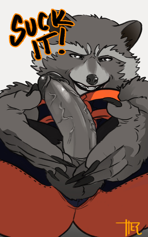 10:16 5_fingers anthro balls biped claws clothed clothing english_text erection fingers fully_clothed fur genitals grey_balls grey_body grey_fur grey_penis grin guardians_of_the_galaxy humanoid_genitalia humanoid_penis looking_at_viewer male mammal marvel orange_clothing penis penis_through_fly poking_out procyonid raccoon rocket_raccoon smile solo text unknown_artist