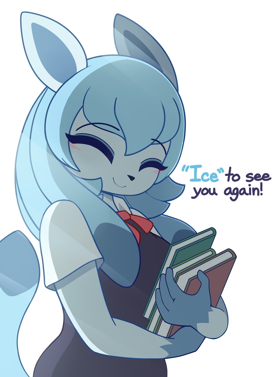 2021 anthro black_nose blue_body blue_ears blue_eyes blue_fur blue_hair blue_tail blush blush_lines book clothed clothing dialogue digital_media_(artwork) eeveelution english_text eyes_closed female fur glaceon hair hi_res holding_book holding_object humor looking_at_viewer nintendo pinkcappachino pok&eacute;mon pok&eacute;mon_(species) pok&eacute;morph pun school_uniform simple_background smile solo talking_to_viewer text uniform video_games white_background