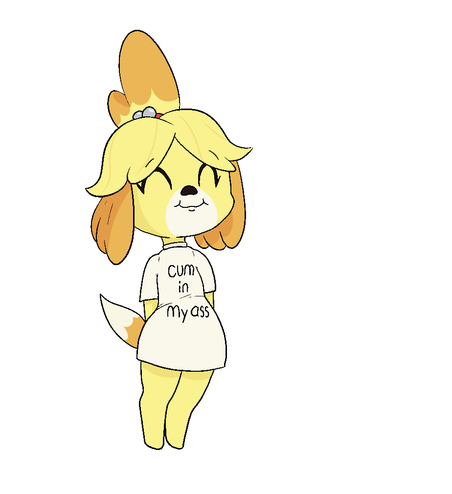accessory alpha_channel animal_crossing anthro bell blush bottomless canid canine canis clothed clothing domestic_dog eyes_closed female fur hair_accessory hands_behind_back happy_harvey isabelle_(animal_crossing) mammal nintendo phone_drawing shirt shirt_only smile solo standing text text_on_clothing topwear topwear_only video_games wide_hips yellow_body yellow_fur