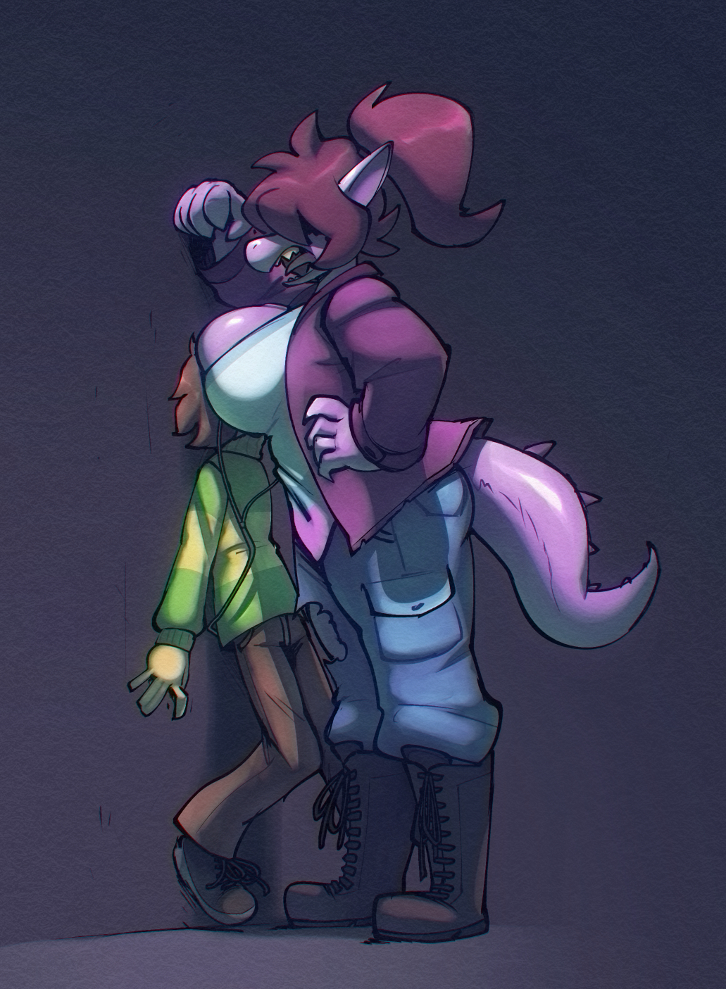 against_surface against_wall anthro big_breasts bigdad boots bottomwear breast_smother breasts clothed clothing deltarune denim denim_clothing duo female footwear fully_clothed hair hi_res human jeans kris_(deltarune) male male/female mammal obscured_eyes pants ponytail reptile scalie smothering susie_(deltarune) torn_bottomwear torn_clothing torn_jeans torn_pants video_games