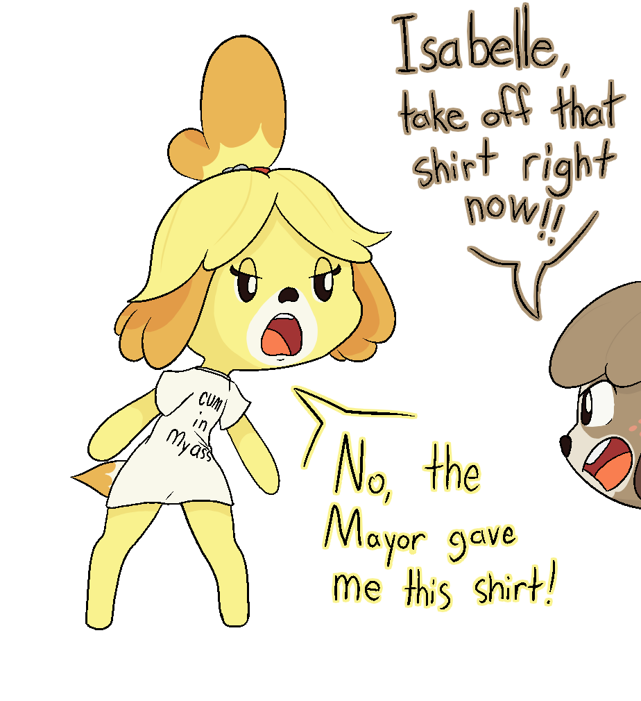 accessory alpha_channel angry animal_crossing anthro arguing bell bottomless brother brother_and_sister canid canine canis clothed clothing dialogue digby_(animal_crossing) domestic_dog duo english_text female freckles gift hair_accessory happy_harvey isabelle_(animal_crossing) male male/female mammal nintendo phone_drawing shirt shirt_only sibling simple_background sister standing text text_on_clothing text_on_shirt text_on_topwear topwear topwear_only transparent_background video_games yelling