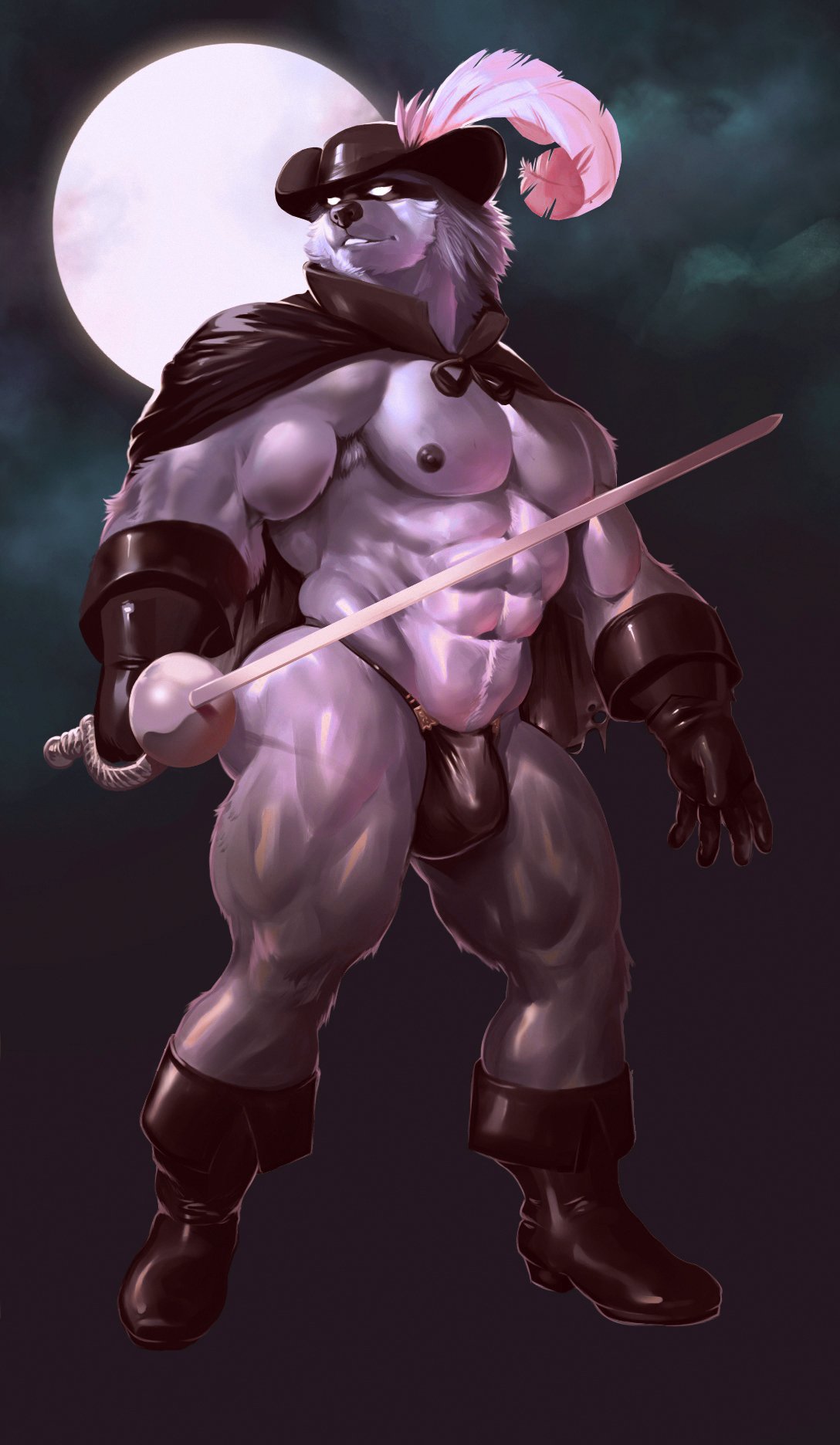 2016 abs anthro biceps biped black_nose boots bulge canid canine canis cape clothed clothing detailed_background detailed_bulge digital_media_(artwork) digital_painting_(artwork) dirtyyeen footwear full-length_portrait genital_outline glistening glistening_arms glistening_body glistening_clothing glistening_legs gloves grey_body handwear hat headgear headwear hi_res loose_feather male mammal mask melee_weapon mezcal moon mostly_nude muscular muscular_anthro muscular_male muscular_thighs navel night nipples pecs penis_outline portrait pose quill rapier shaded shoegaze. shoes skimpy soft_shading solo standing sword thick_thighs thong underwear weapon white_eyes wolf